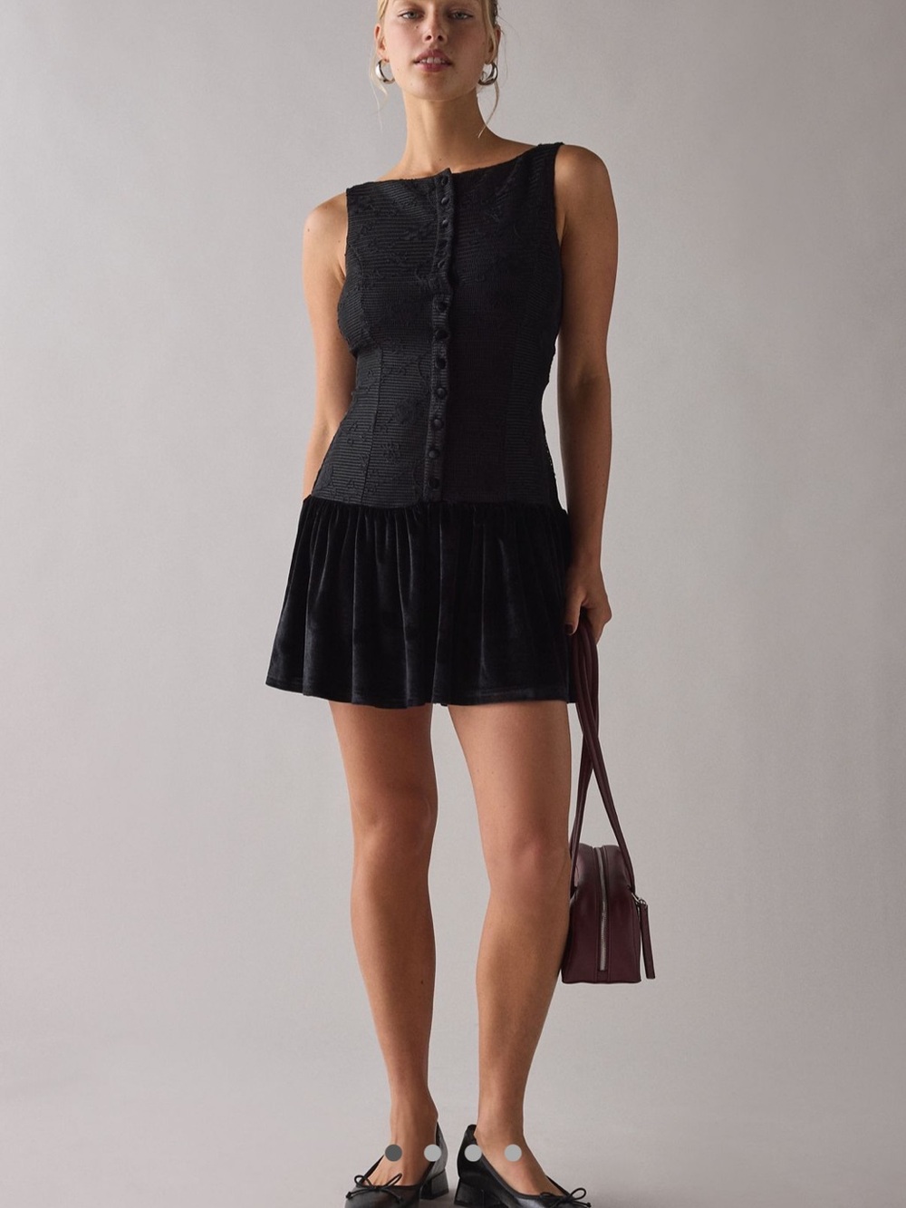 Kiss The Sky Ali Boatneck Drop Waist Black Velvet Mini Dress